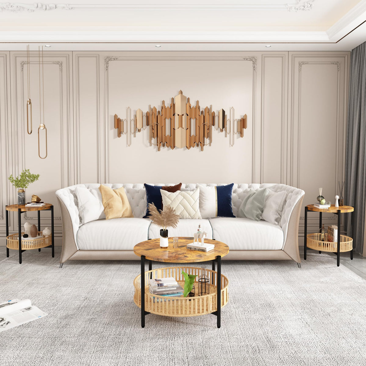 3 Pieces 2 Tier Round Rattan Coffee Table Set with Metal Frame F266470