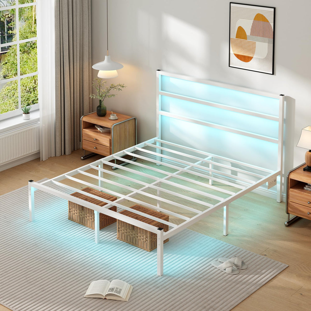 White Full Size Bed Frame with Headboard and USB Charging Station H29917