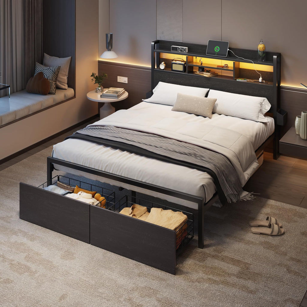 Full Size Bed Frame with Headboard and Charging Station A1559