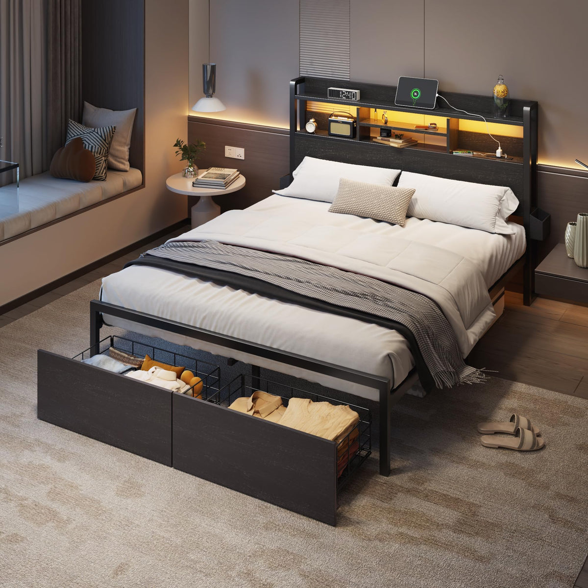 Full Size Bed Frame with Headboard and Charging Station A1559