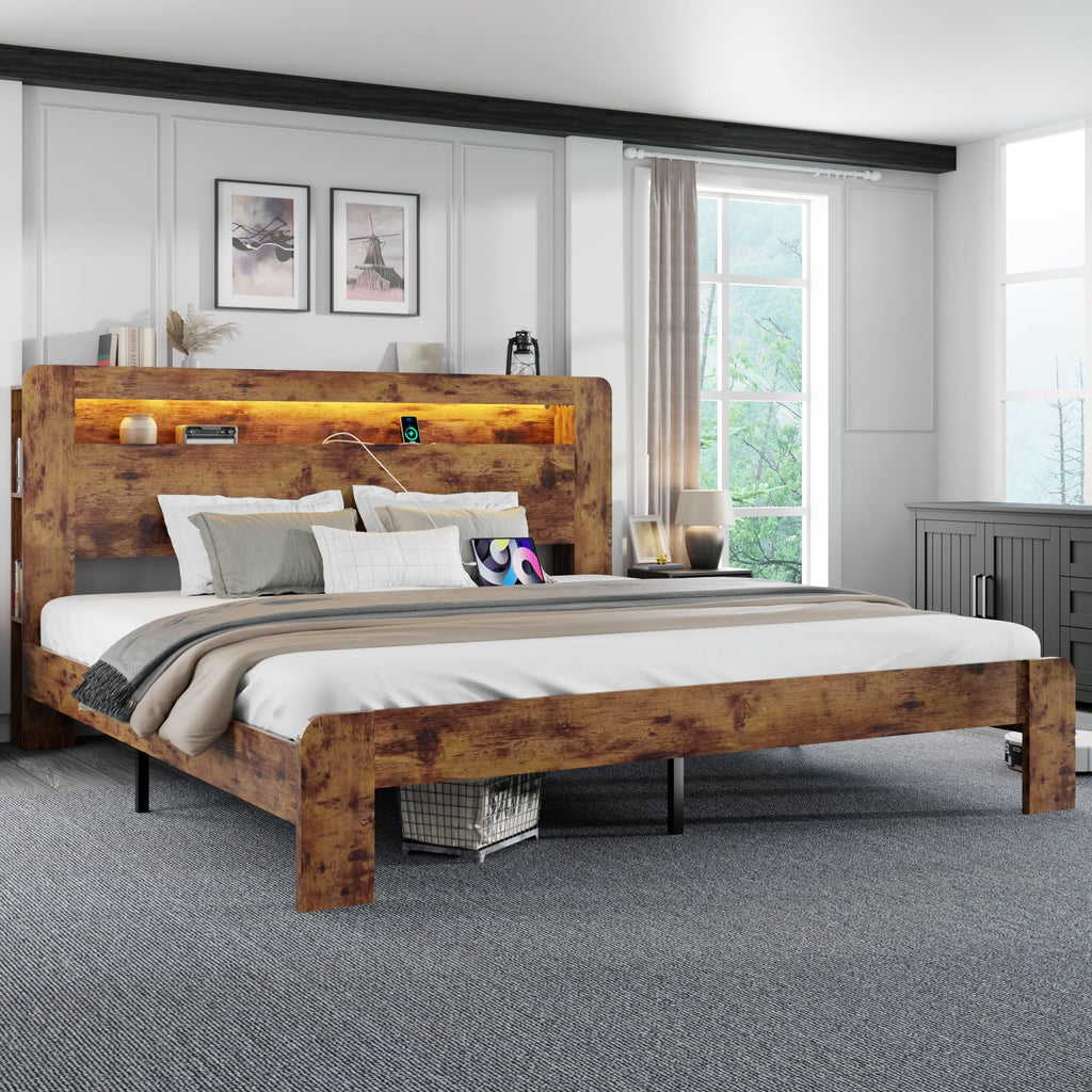 King Size Wooden Bed Frame with Storage Headboard and LED Lights F449973