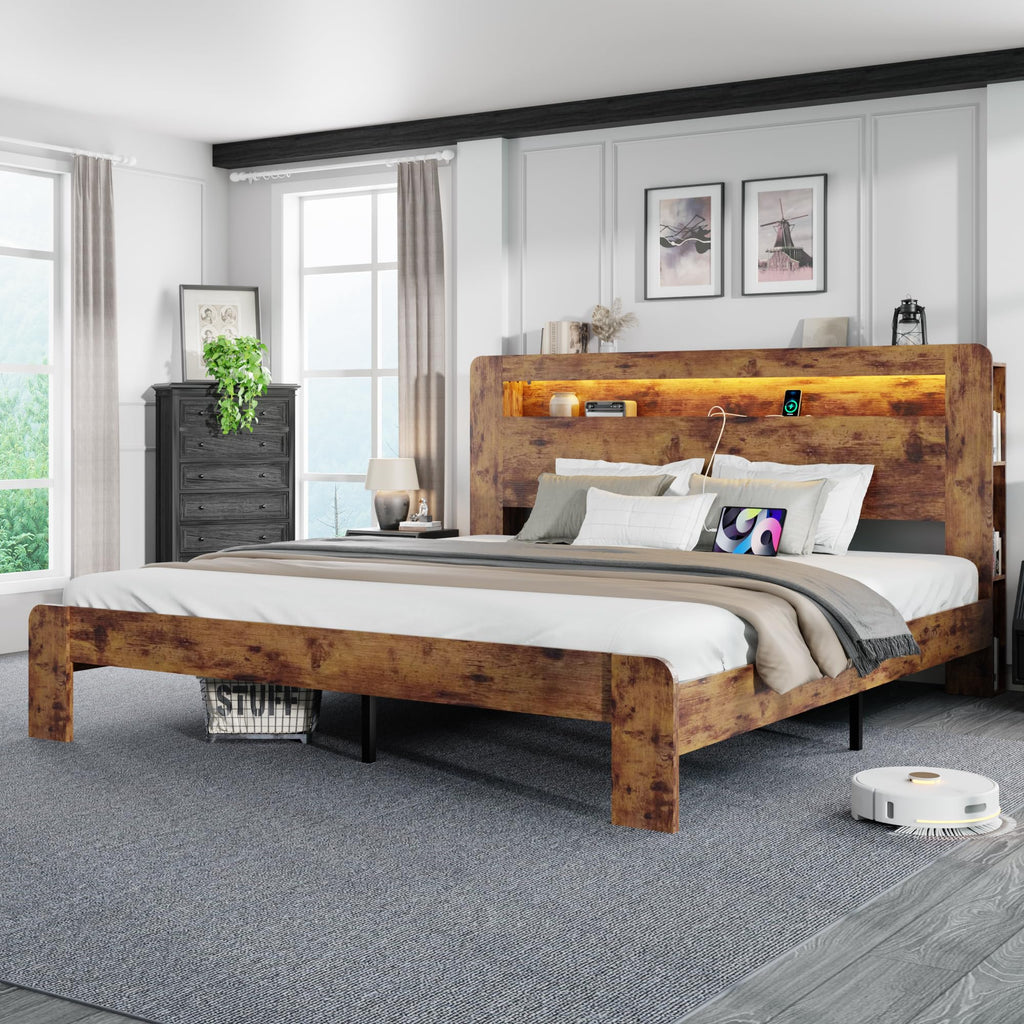 King Size Wooden Bed Frame with Storage Headboard and LED Lights F449973