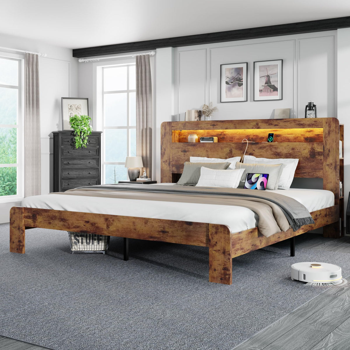 King Size Wooden Bed Frame with Storage Headboard and LED Lights F449973