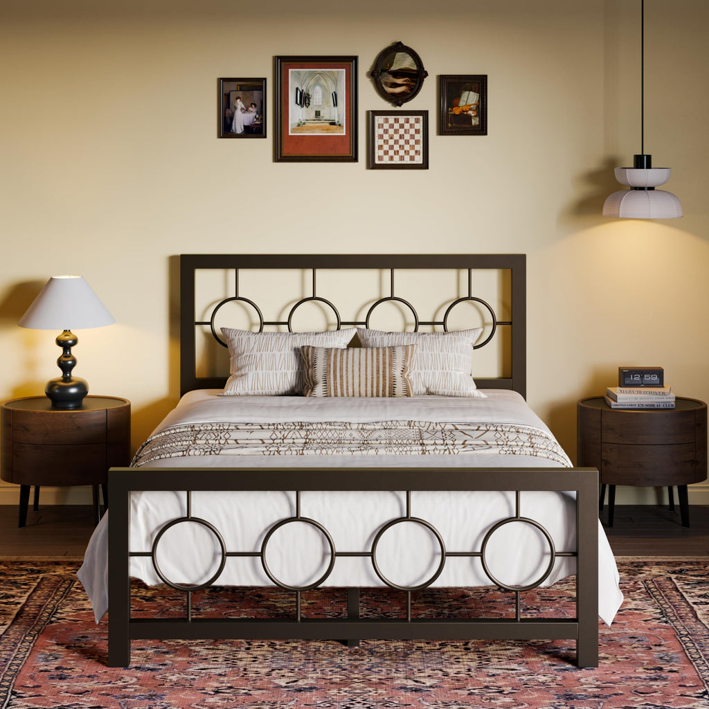 Full Size Brown Metal Bed Frame with Headboard and Footboard Y364469