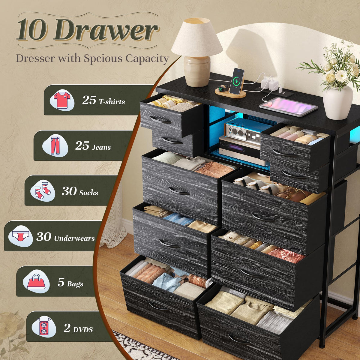 Black 10 Drawer Dresser with Charging Station W58994